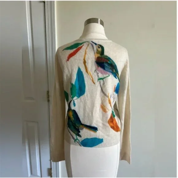 Anthropologie The Juliet Cashmere Cardigan Sweater Birds Graphics size S - Picture 7 of 11